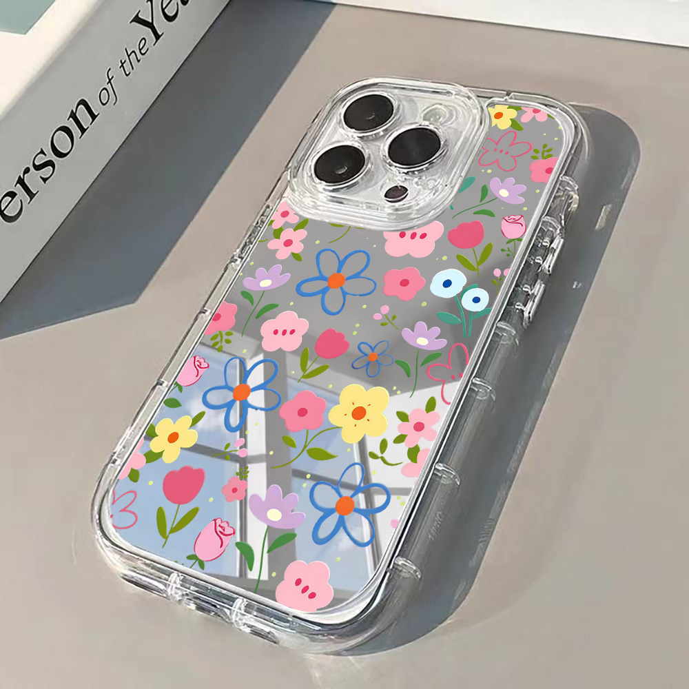 Phone Accessories List - Koreanischer Ins-Stil Blumenmuster Silber Spiegel Handyhülle
